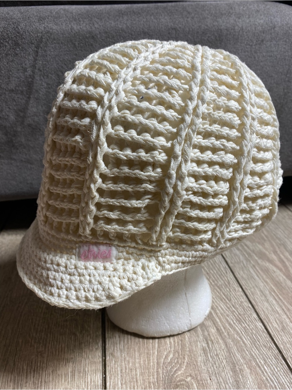 Vtg Etnies Cream Crochet Knit Newsboy Hat Visor Beanie Cap Y2K Boho Goblincore